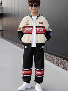 Boys 2pcs/Set Racing Car SPEED Slogan Colorblock Varsity Jacket & Pants Set, Tween Boys Sporty Bomber Tracksuit With Pocket,Fall Outfits,Fall Clothes - Multicolor - View 4