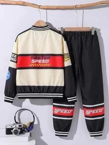 Boys 2pcs/Set Racing Car SPEED Slogan Colorblock Varsity Jacket & Pants Set, Tween Boys Sporty Bomber Tracksuit With Pocket,Fall Outfits,Fall Clothes - Multicolor - View 3