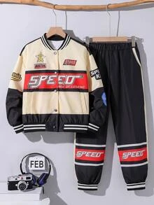 Boys 2pcs/Set Racing Car SPEED Slogan Colorblock Varsity Jacket & Pants Set, Tween Boys Sporty Bomber Tracksuit With Pocket,Fall Outfits,Fall Clothes - Multicolor - View 2