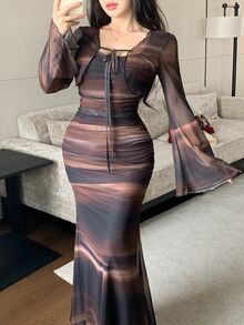 Modelyn Tie Dye Gradient Mesh Ruffle Bell Sleeve Square Neck Tie-Front Sheer Camisole, Ruched Waist Slim Fit Bodycon Fishtail Dress For Vacation, Party, Evening, Date - Multicolor - View 7