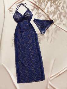 Charlaine Women's Lace Sexy Halter Neck Nightgown With Triangle Panties - Navy Blue - View 8