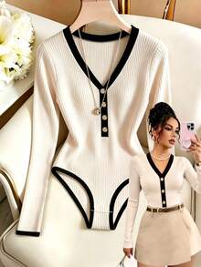SHEIN Franclia Women's Colorblock Trim Long Sleeve Bodysuit Office Black And White Autumn Casual Elegant - Apricot - View 3