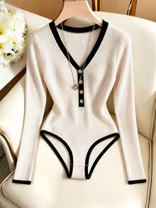 SHEIN Franclia Women's Colorblock Trim Long Sleeve Bodysuit Office Black And White Autumn Casual Elegant - Apricot - View 4