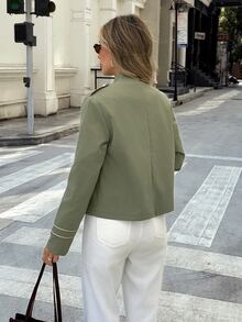 Serisse Women's Napoleon Military Style Stand Collar Jacket, Gold Braided Rope Embroidery & Metal Button Chinese Knot Detail,Cropped Green Jacket,Fall/Winter - Green - View 2