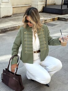 Serisse Women's Napoleon Military Style Stand Collar Jacket, Gold Braided Rope Embroidery & Metal Button Chinese Knot Detail,Cropped Green Jacket,Fall/Winter - Green - View 3
