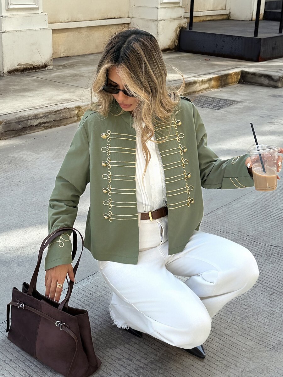 Serisse Women's Napoleon Military Style Stand Collar Jacket, Gold Braided Rope Embroidery & Metal Button Chinese Knot Detail,Cropped Green Jacket,Fall/Winter - Green - View 1