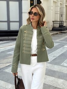 Serisse Women's Napoleon Military Style Stand Collar Jacket, Gold Braided Rope Embroidery & Metal Button Chinese Knot Detail,Cropped Green Jacket,Fall/Winter - Green - View 4