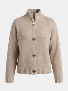 LUMIGAL Spring Autumn Winter New Women's Sweater Top, Half-High Stand Collar, Metal Button, Dropped Shoulder, Long Sleeve, Ribbed, Short Loose Fit, Single-Breasted Cardigan - Khaki - View 7