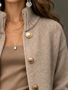 LUMIGAL Spring Autumn Winter New Women's Sweater Top, Half-High Stand Collar, Metal Button, Dropped Shoulder, Long Sleeve, Ribbed, Short Loose Fit, Single-Breasted Cardigan - Khaki - View 4