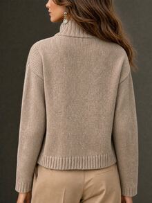LUMIGAL Spring Autumn Winter New Women's Sweater Top, Half-High Stand Collar, Metal Button, Dropped Shoulder, Long Sleeve, Ribbed, Short Loose Fit, Single-Breasted Cardigan - Khaki - View 2