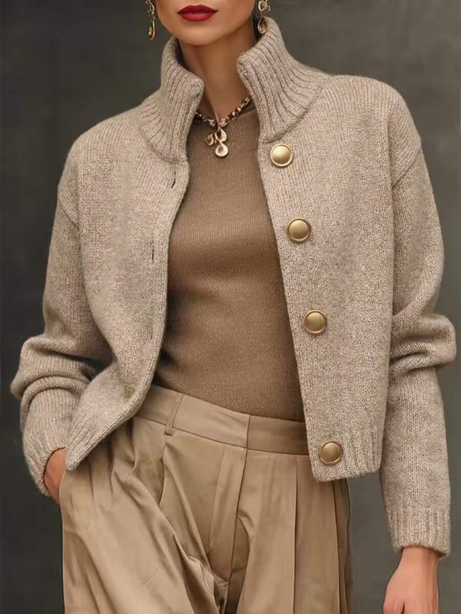 LUMIGAL Spring Autumn Winter New Women's Sweater Top, Half-High Stand Collar, Metal Button, Dropped Shoulder, Long Sleeve, Ribbed, Short Loose Fit, Single-Breasted Cardigan - Khaki - View 1