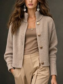LUMIGAL Spring Autumn Winter New Women's Sweater Top, Half-High Stand Collar, Metal Button, Dropped Shoulder, Long Sleeve, Ribbed, Short Loose Fit, Single-Breasted Cardigan - Khaki - View 3