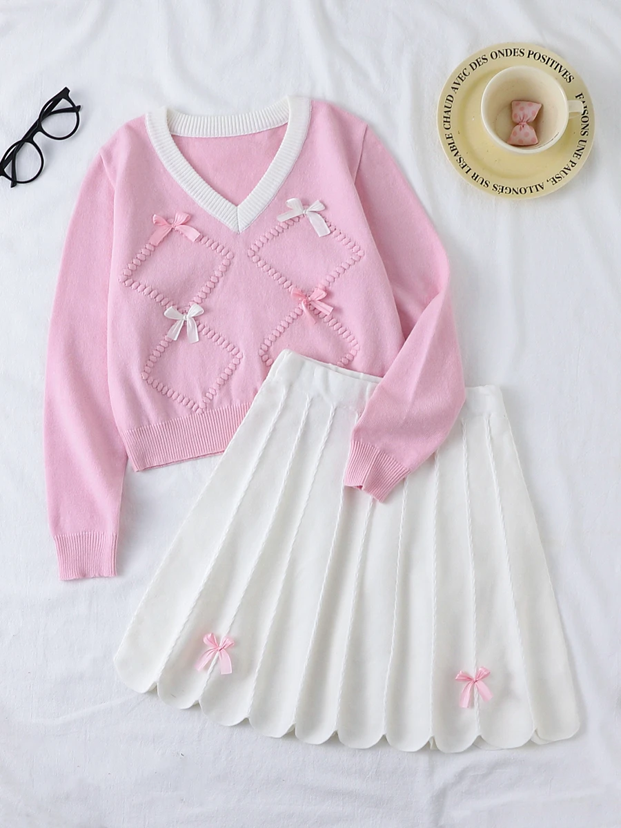 Pink And White Preppy Bow Cute Girls Sweater Set - Pink - View 1