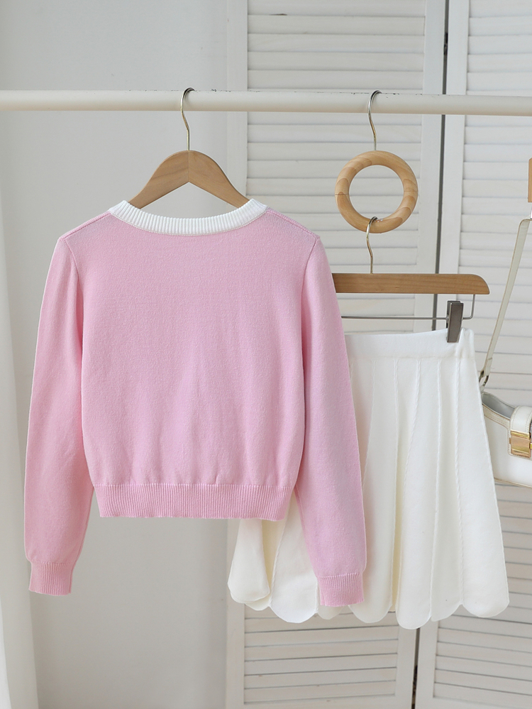 Pink And White Preppy Bow Cute Girls Sweater Set - Pink - View 2