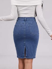 SHEIN Essnce Women's High Waist Pocket Casual Bodycon Denim Skirt - Medium Wash - View 2