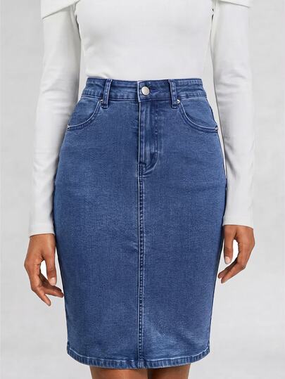 SHEIN Essnce Women's High Waist Pocket Casual Bodycon Denim Skirt