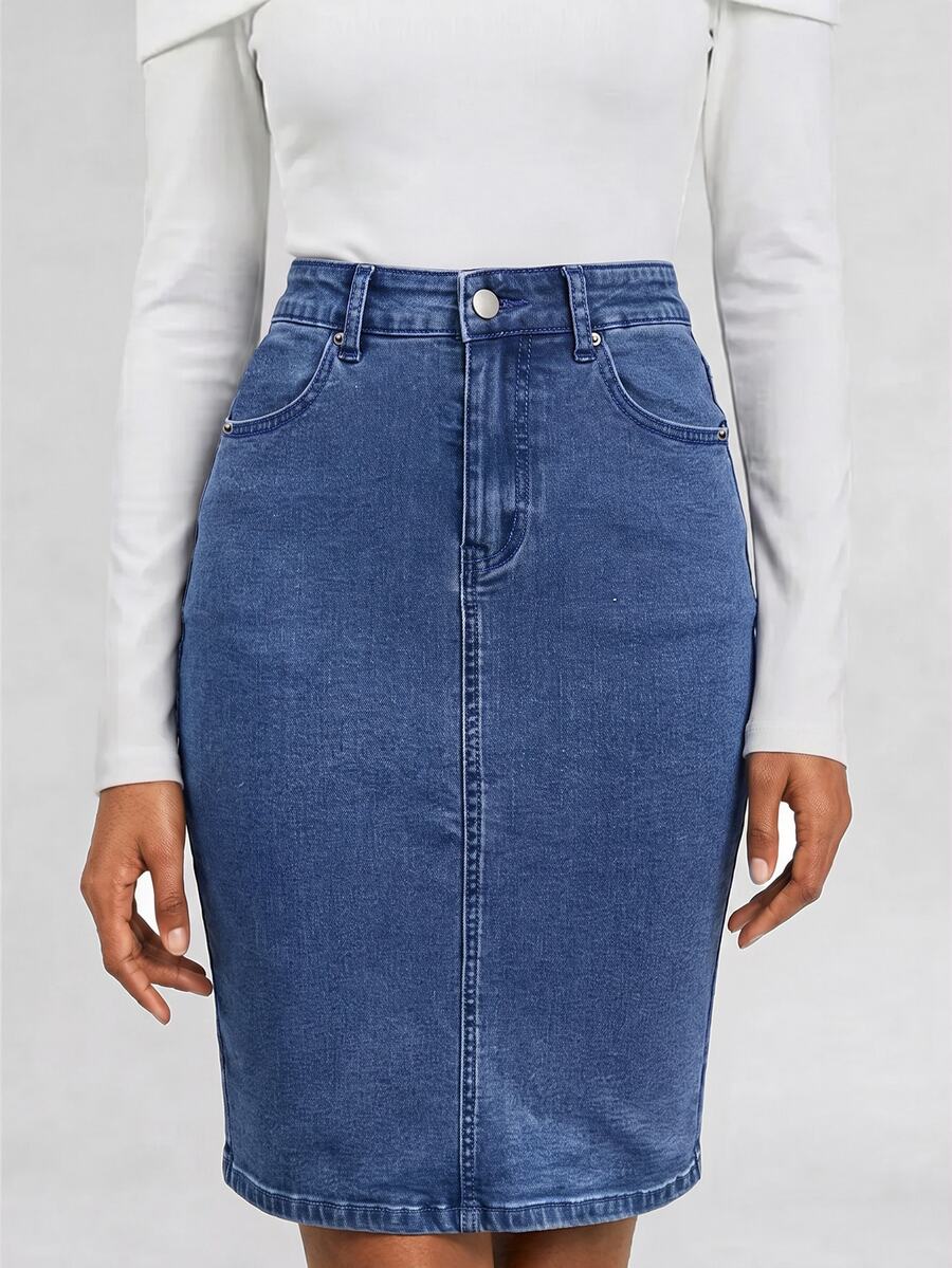 SHEIN Essnce Women's High Waist Pocket Casual Bodycon Denim Skirt - Medium Wash - View 1