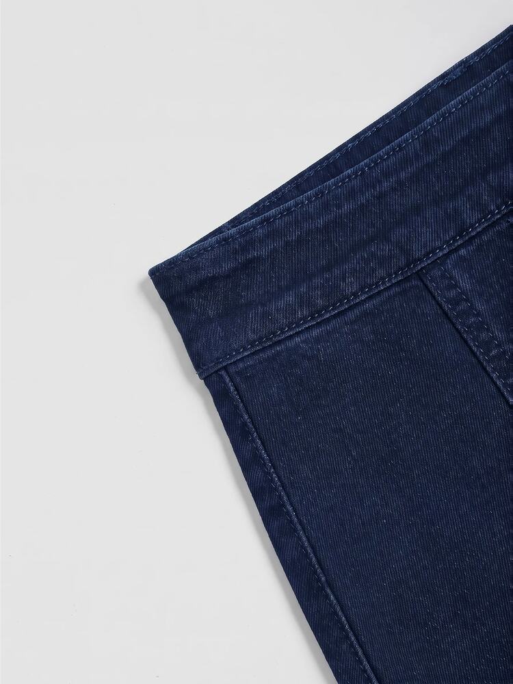 SHEIN Essnce Women's Casual Daily Denim Skirt With Pockets And Buttons - Dark Wash - View 4