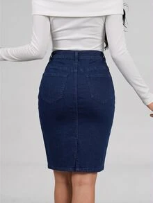 SHEIN Essnce 女款休閒日常牛仔裙，附口袋與鈕扣設計 - 深色水洗藍 - 查看 2