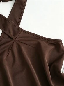 SHEIN Clasi 夏季優雅純色蕾絲拼接不對稱下擺露背掛脖上衣 - 棕色 - 查看 5