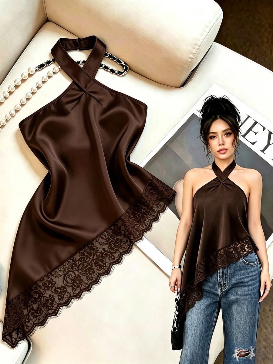 SHEIN Clasi 夏季優雅純色蕾絲拼接不對稱下擺露背掛脖上衣 - 棕色 - 查看 1