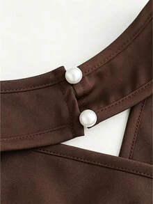 SHEIN Clasi 夏季優雅純色蕾絲拼接不對稱下擺露背掛脖上衣 - 棕色 - 查看 4