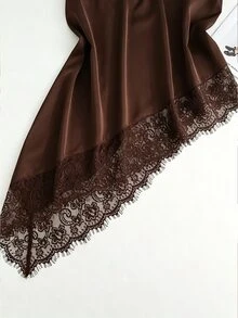 SHEIN Clasi 夏季優雅純色蕾絲拼接不對稱下擺露背掛脖上衣 - 棕色 - 查看 3