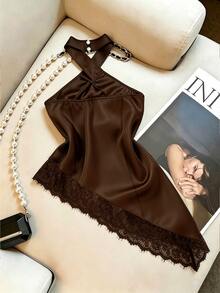 SHEIN Clasi 夏季優雅純色蕾絲拼接不對稱下擺露背掛脖上衣 - 棕色 - 查看 2