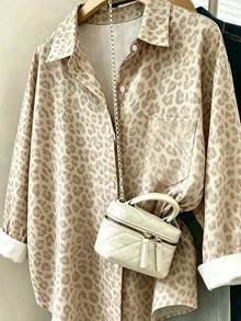 SHEIN LUNE 休閒寬鬆長袖襯衫 豹紋圖案 秋冬款 簡約百搭 日常穿著襯衫 - 彩色 - 查看 3