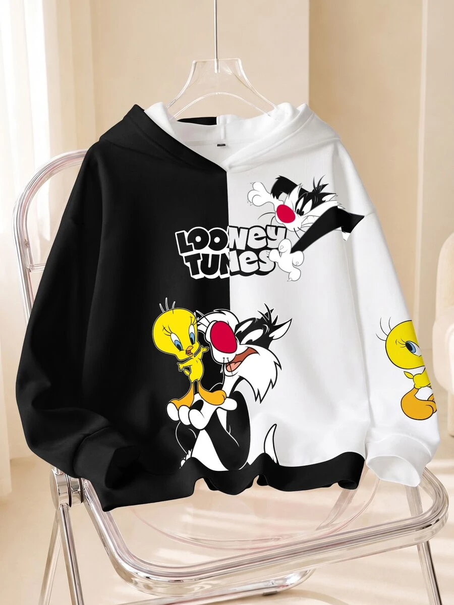 LOONEY TUNES X SHEIN Plus Size Women's Letter Print Long Sleeve Casual Sweatshirt Sweatshirt - White - View 1