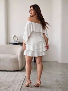 Hourglow Plus Size Women's Off Shoulder Cape Sleeve Mini Dress, Waist-Defining Layered Ruffle Elegant Party Dress For Shape - White - View 2