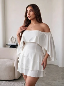 Hourglow Plus Size Women's Off Shoulder Cape Sleeve Mini Dress, Waist-Defining Layered Ruffle Elegant Party Dress For Shape - White - View 3