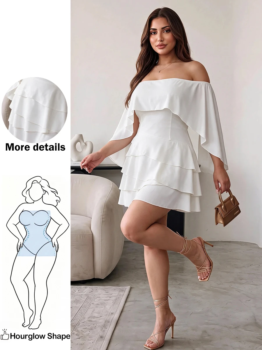Hourglow Plus Size Women's Off Shoulder Cape Sleeve Mini Dress, Waist-Defining Layered Ruffle Elegant Party Dress For Shape - White - View 1