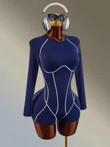 Amplova 女款落肩長袖日常健身運動連身褲 健身房運動跑步 背露性感運動風連身衣 海軍藍訓練套裝 外出穿搭 秋季 - 藏蓝色 - 查看 3