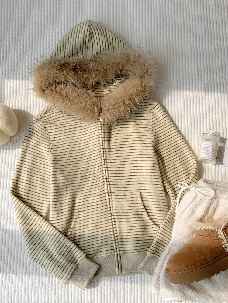 Comfortcana Women's Casual Striped Hooded Sweatshirt, Autumn/Winter, Autumn Outfits For Women , Winter Jacket , Elegant Women's Blouses, Halloween - Grey - View 6