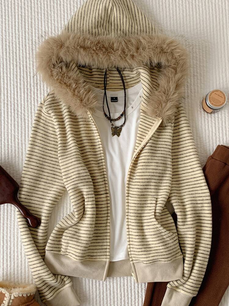 Comfortcana Women's Casual Striped Hooded Sweatshirt, Autumn/Winter, Autumn Outfits For Women , Winter Jacket , Elegant Women's Blouses, Halloween - Grey - View 3
