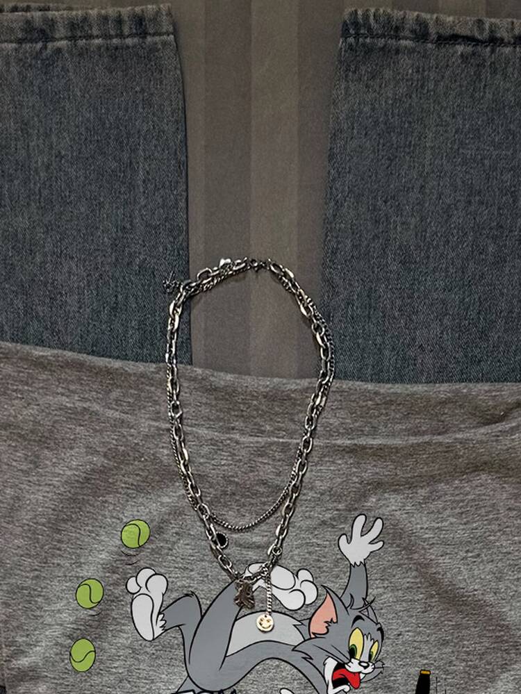 TOM & JERRY X SHEIN SHEIN EZwear Women's Ruched Waist Square Neck Fitted Cartoon Print T-Shirt, Suitable For Summer Streetwear And Vacation - Light Grey - View 5