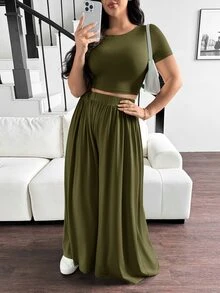 Shapeblank Setelan Kasual Wanita Ukuran Besar untuk Musim Panas, Setelan Celana Lebar, Set Liburan Musim Panas Warna Hijau Zaitun Formal Santai - Hijau Tentara - View 3