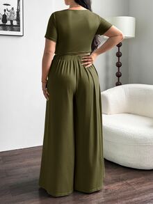 Shapeblank Setelan Kasual Wanita Ukuran Besar untuk Musim Panas, Setelan Celana Lebar, Set Liburan Musim Panas Warna Hijau Zaitun Formal Santai - Hijau Tentara - View 2
