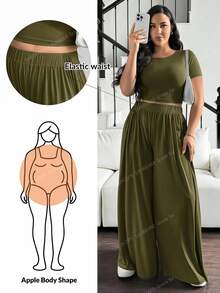 Shapeblank Setelan Kasual Wanita Ukuran Besar untuk Musim Panas, Setelan Celana Lebar, Set Liburan Musim Panas Warna Hijau Zaitun Formal Santai - Hijau Tentara - View 1