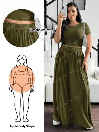 Shapeblank Plus-Size Summer Women's Casual Soft Form Suit, Wide-Leg Pant Suit,Summer Sets Vacation Olive Green Formal Lounge