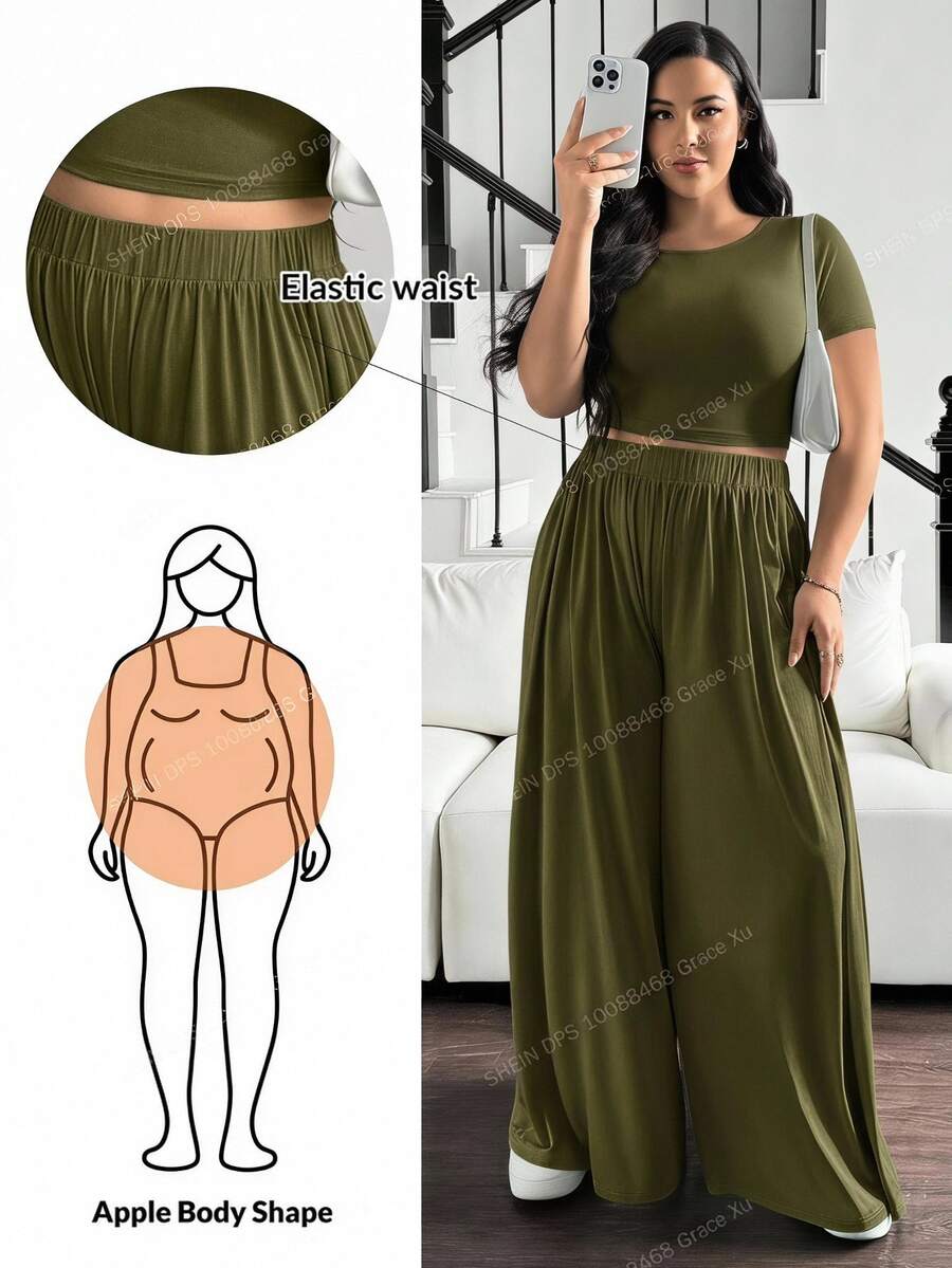 Shapeblank Setelan Kasual Wanita Ukuran Besar untuk Musim Panas, Setelan Celana Lebar, Set Liburan Musim Panas Warna Hijau Zaitun Formal Santai - Hijau Tentara - View 1