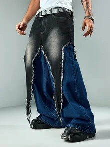 ROMWE MEN Street Life Celana Jeans Denim Pria dengan Motif Patchwork Blok Warna dan Struktur - MultiWarna - View 5