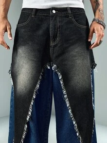 ROMWE MEN Street Life Celana Jeans Denim Pria dengan Motif Patchwork Blok Warna dan Struktur - MultiWarna - View 2