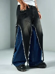 ROMWE MEN Street Life Celana Jeans Denim Pria dengan Motif Patchwork Blok Warna dan Struktur - MultiWarna - View 4