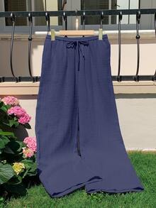 Comfortcana 海军蓝直筒长裤，带口袋，透气梭织面料，女士棉质裤子，棉质纱布裤，秋季 - 藏蓝色 - 查看 4
