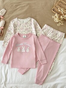 SHEIN طقم 4 قطع للبنات الرضع، ملابس علوية محبوكة بنقشة زهور ناعمة بياقة دائرية وأكمام طويلة، بنطال طويل بخصر مطاطي وقصة ضيقة، للخريف والشتاء - متعدد الألوان - مشاهدة 2