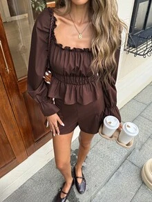 Serisse Setelan 2 Potong Kemeja dan Celana Pendek Wanita dengan Detail Ruffle di Bagian Bawah, Bahan Katun, Kerah Persegi, Lengan Lentera, Pinggang Berkerut, Detail Peplum di Bagian Bawah, Blus Warna Cokelat Tua - Coklat - View 10