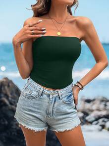 Sylviya Women Solid Color Dark Green Spaghetti Strap Tight Casual Basic Tube Top, Versatile For Summer,Vacation Beach - Dark Green - View 4