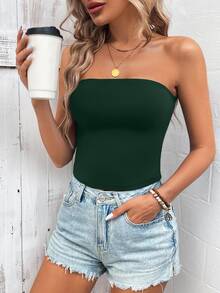 Sylviya Women Solid Color Dark Green Spaghetti Strap Tight Casual Basic Tube Top, Versatile For Summer,Vacation Beach - Dark Green - View 3